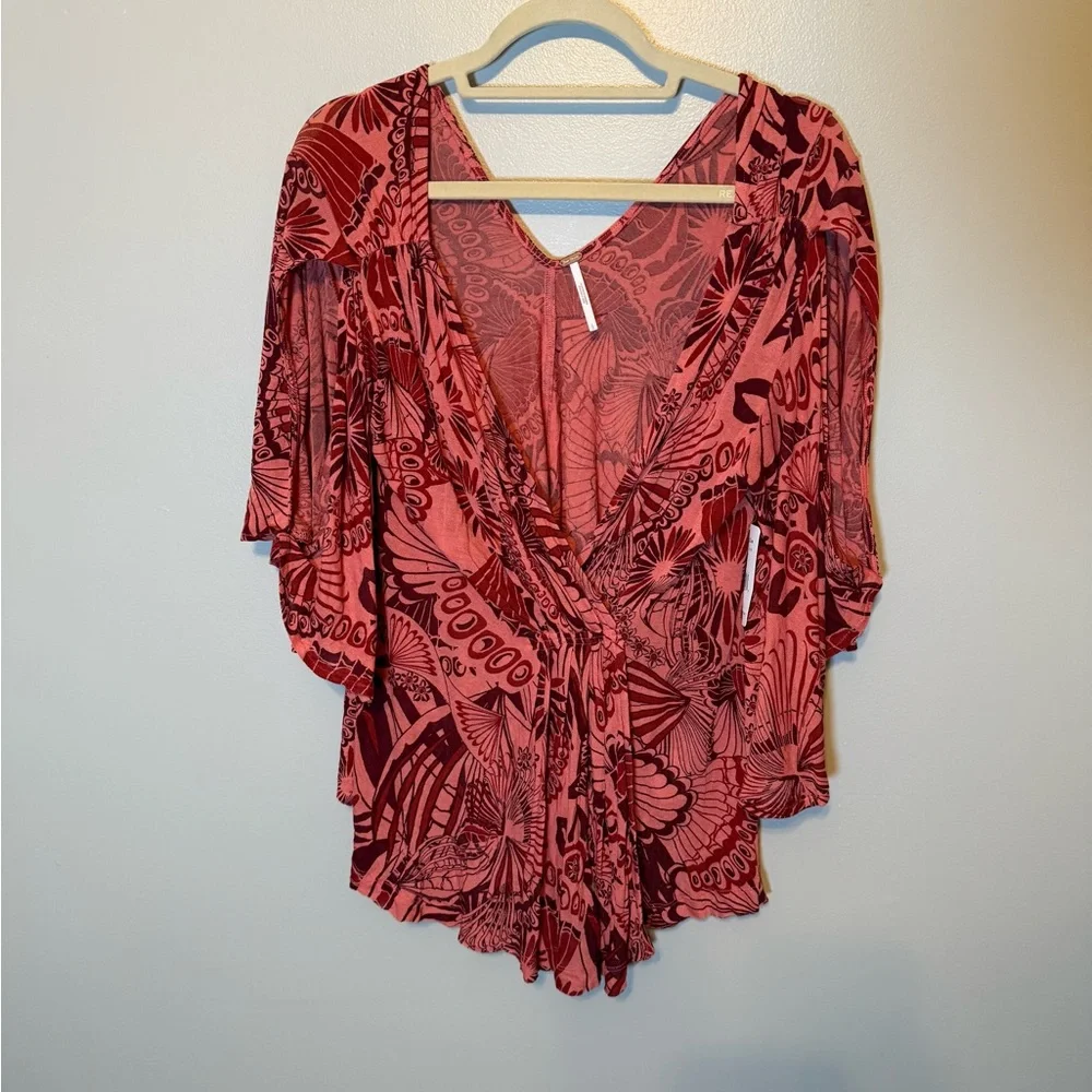 NWT Free People Open Sleeve Floral V-Neck Top Coral Combo Sz L
